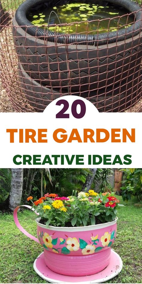 Discover unique ways to revamp your outdoor space by repurposing old tires into stunning garden decor! Explore a variety of tire garden ideas that will infuse whimsy and creativity into your landscape. From vibrant planters to eye-catching garden art, there are endless possibilities to breathe new life into your garden with these upcycling projects. Get inspired to transform your boring tires into green treasures and elevate the charm of your backyard oasis! Tyre Decor Ideas, Used Tires Ideas Backyards, What To Do With Old Tires, Old Tire Projects Diy, Old Tires Ideas Diy, Repurposed Trampoline, Tire Garden Ideas, Tyre Planters, Garden Ideas Using Old Tires