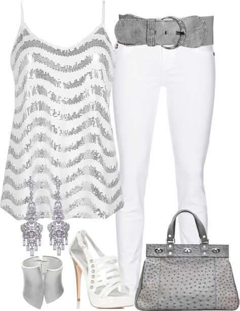 "White and Silver" by stephiebees on Polyvore- perfect for New Year Parties!  Or pair with dark jeans! Mode Rockabilly, Silver Outfit, Vetements Shoes, Complete Outfits, White Pants, Look Fashion, Classy Outfits, Chic Outfits, Spring Outfits