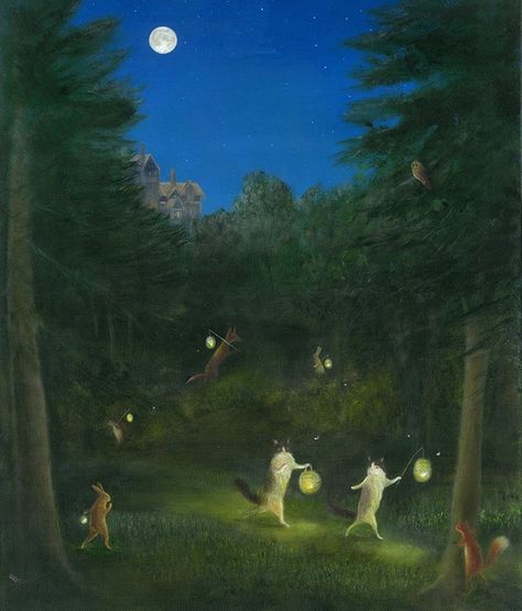 The Canvas Menagerie... what else?! To me, it has a feel of a scene from ''A Midsummer Night's Dream" about it, which I really like, and I hope you like it. #woodland #moon #night #moonlight #woodlandanimals #cat #fox #redfox #redsquirrel #rabbit #bunny Animal Painting, Arte Inspo, Fairytale Art, Fox Art, Ethereal Art, Pics Art, Funky Art, Whimsical Art, Surreal Art