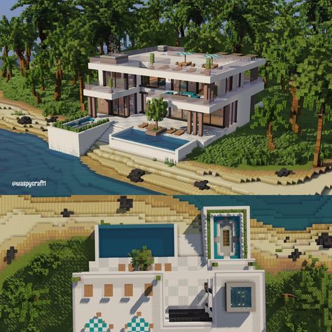 minecraft beach mansion Minecraft Infinity Pool, Pool House Minecraft, Minecraft Modern Pool, Beach Mansion Minecraft, Modern Beach House Minecraft, Minecraft Modern Cliff House, Minecraft Beach House Ideas Easy, Beach House In Minecraft, Minecraft Resort Ideas