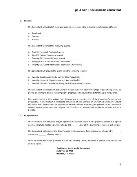 paul bain | social media consultant2.   Services     -   The Consultant will establish the organization’s presence on the ... Termination Letter, Design Contract, Simple Web Design, Social Media Management Business, Rental Agreement Templates, Construction Contract, Social Media Management Services, Marketing Copywriting, Canadian Army