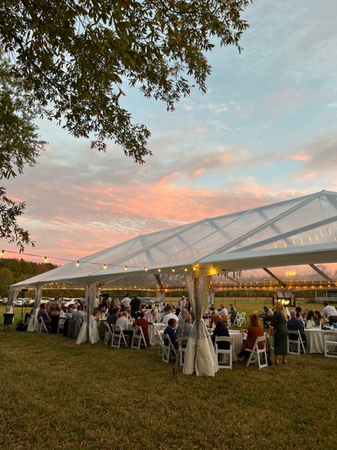 Wedding Clear Tent, Farm Wedding Ceremony, Farm Wedding Reception, Tent Wedding Reception, Fall Backyard, Wedding Farm, Wedding Reception Lighting, Wedding Sunset, Backyard Wedding Ceremony