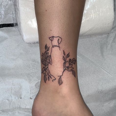 Dog Idea Tattoos, Tattoo Ideas For Passed Dogs, Dog Memorial Tattoos Flowers, Dog Quote Tattoo, Labrador Tattoos For Women, Pittie Tattoo, Pet Flower Tattoo, Dog And Floral Tattoo, Dog And Plant Tattoo