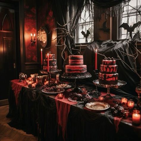 Vampire Theme Halloween Decorations, Chic Halloween Wedding, Spooky Glam Decor, Vampire Tablescape, Vampire Party Ideas Decoration, Goth Sweet 16 Party Ideas, Vampire Tea Party, Vampire Ball Party, Vampire Party Aesthetic