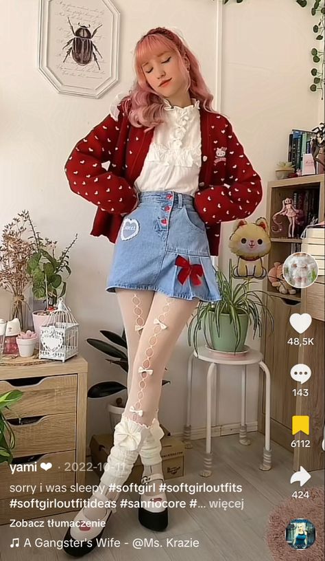 Strawberry Themed Outfit Aesthetic, Red Girly Outfit, Strawberry Fashion Aesthetic, Wine Aunt Aesthetic Outfit, Soft Lovecore Aesthetic Outfits, Red Kawaii Outfits, Fruit Clothes Aesthetic, Oc Outfit Ideas Female Casual, Love Core Fashion