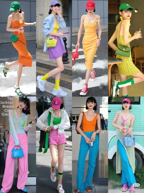 Summer Harajuku Outfits, Green And Hot Pink Outfit, Summer Outfits 2024 Street Style, Colorful Outfits Summer, Colour Blocking Outfit, Colorblock Outfits, Yellow Jeans Outfit, Korean Fashion Colorful, Ootd Colorful