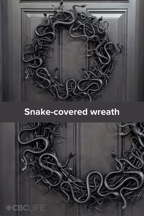 snake wreath hanging on door with text reading "snake-covered wreath" on top Snake Wreath, Halloween Front Porch, Twig Wreath, Halloween Porch, Local Crafts, Craft Store, Diy Wreath, Snakes, Halloween Diy