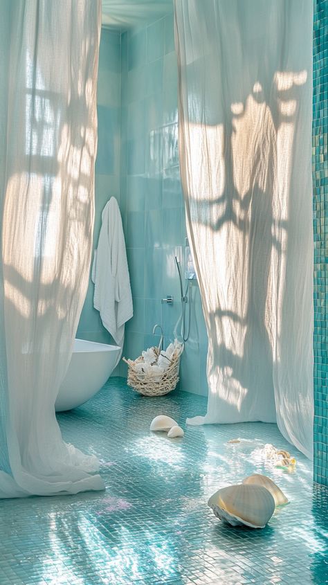 Immerse in an ethereal Pisces bathroom 🌊✨ with pearl iridescent tiles and flowing curtains. An aqua color scheme harmonizes with seashell decorations, crafting a spa-like atmosphere. Bask in this dreamy interior shot—where relaxation meets oceanic elegance 🐚🛁. Pisces Decor, Ocean Bathroom Ideas, Sea Themed Bathroom, Princess Bathroom, Seashell Decorations, Aqua Color Schemes, Flowing Curtains, Iridescent Tiles, Dreamy Interior