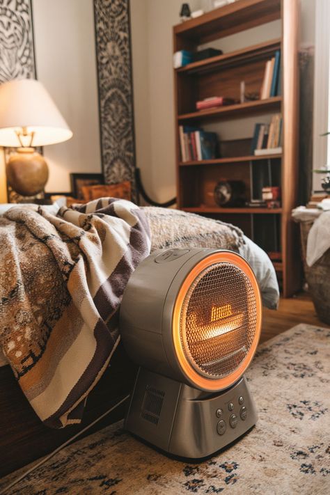 A portable space heater glows warmly beside a draped bed, offering a cozy ambiance. This scene is a great example of  Cozy Electric Home Ideas, showing how a small appliance can create a comfortable retreat in any room. The room also features a bookshelf, a lamp, and a patterned rug adding to the inviting feel. 

#HomeHeating #WinterWarmth #CozyHome #BedroomIdeas #ElectricHeater #InteriorDesign Draped Bed, Electric Throw Blanket, Smart Lighting System, Portable Space Heater, Heated Mattress Pad, Electric Underfloor Heating, Electric Radiators, Small Appliance, Patterned Rug