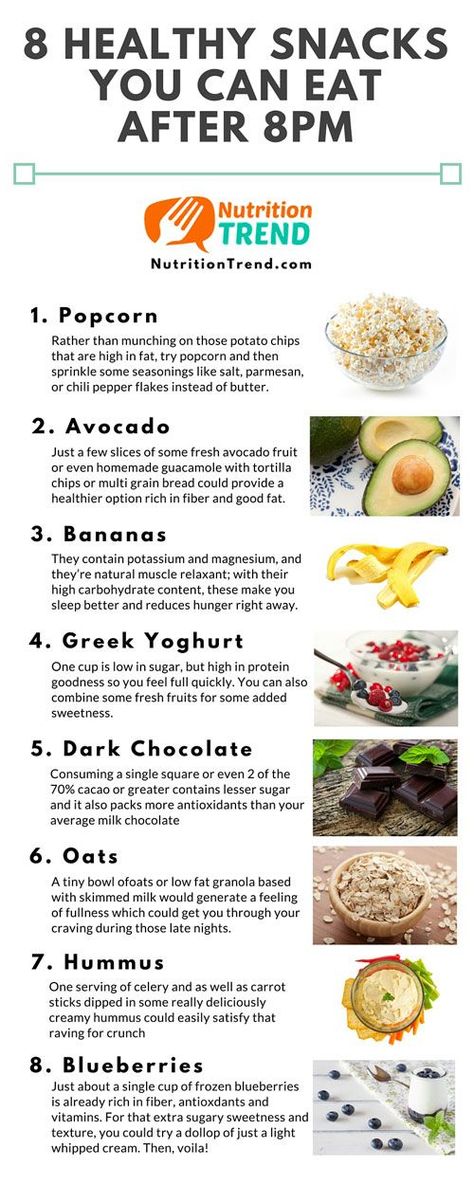 8 Healthy Snacks To Eat After 8PM {Infographic} - Best Infographics Healthy Late Night Snacks, Different Foods, Makanan Diet, Late Night Snacks, God Mat, Night Snacks, Diet Vegetarian, Quick Healthy, Healthy Options