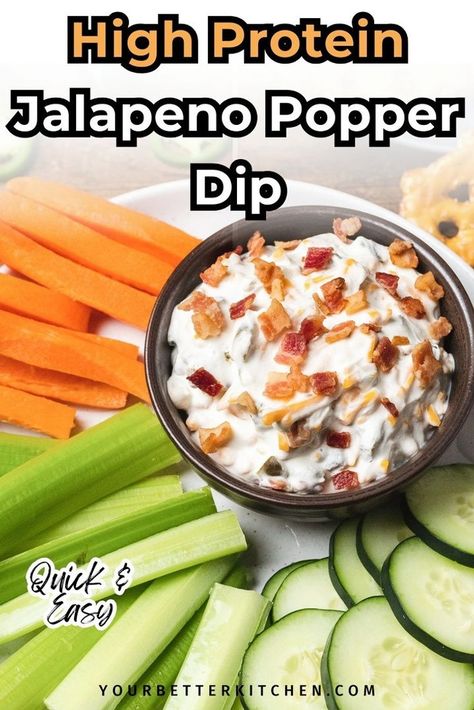 Are you on the hunt for delicious yet easy high-protein dip recipes? This tasty high-protein jalapeno popper dip is perfect for lunch or parties. Made with high-protein, low-carb cottage cheese, this versatile appetizer pairs perfectly with veggies, chips, or crackers. Try this high-protein snack today! Get the recipe at yourbetterkitchen.com. High Protein Dips, Protein Dip, Jalapeno Popper Dip Recipe, Cottage Cheese Dips, High Protein Snack, Jalapeno Popper Dip, Popper Dip, Protein Snack, Jalapeno Popper