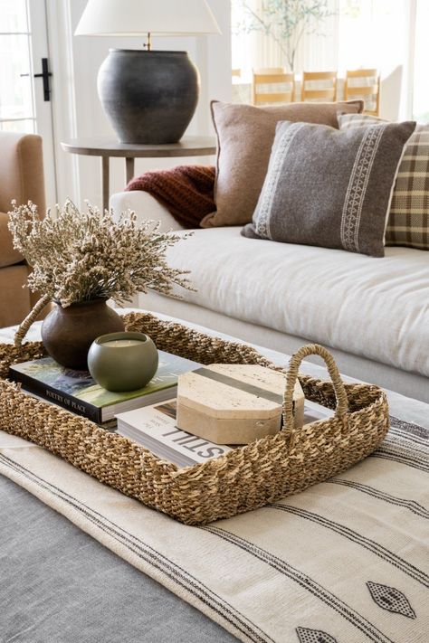 Studio Mcgee Living Room Ottomans, Studio Mcgee Ottoman Styling, Studio Mcgee Pillow Styling, Decorating An Ottoman, Studio Mcgee Living Room Ideas, Ottoman Styling Living Room, Tray Styling Living Room, Styling Ottoman, Ottoman Decor Living Room Tray