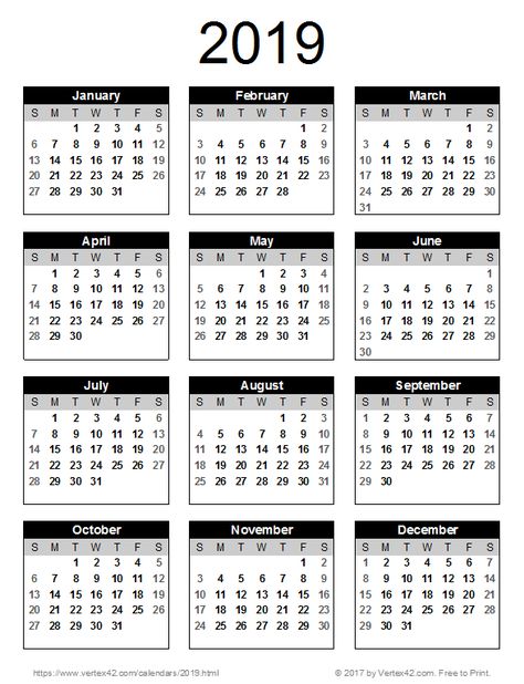 Download a free 2019 Calendar - Portrait Orientation from Vertex42.com Crafting Organization, Yearly Calendar Template, Printable Yearly Calendar, Excel Calendar Template, Free Printable Calendar Templates, Calendar Word, 2020 Calendar Template, Excel Calendar, Free Calendar Template