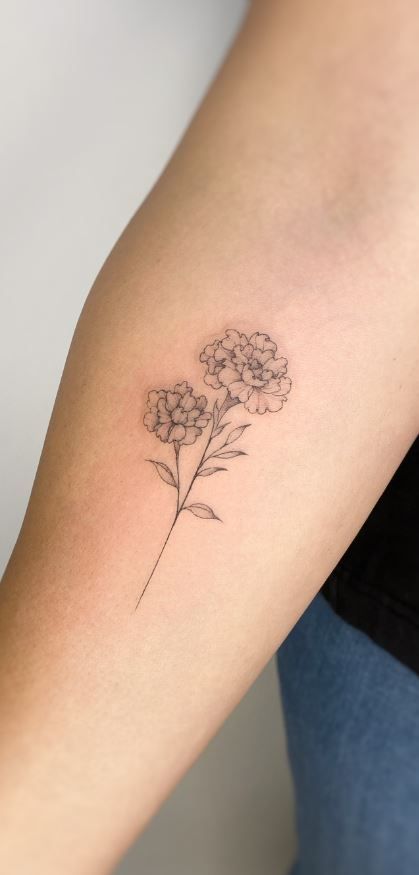 100 Meaningful Marigold Tattoos, Designs & Ideas - Tattoo Me Now Marigold Tattoos, Small Flower Tattoo, Carnation Flower Tattoo, Marigold Tattoo, Cosmos Tattoo, Carnation Tattoo, Tattoo Me, Chrysanthemum Tattoo, Flower Wrist Tattoos