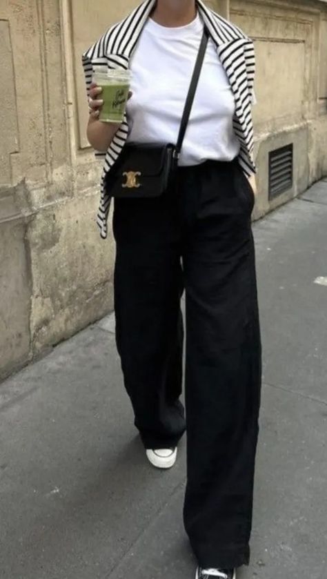 Black Trousers and Sneakers Outfits Trousers And Sneakers Outfit, Black Trousers Outfit Casual, Black Slip Skirt Outfit, Casual Trousers Outfit, Stripe Tee Outfit, Quiet Luxury Outfits, Pleated Pants Outfit, Linen Trousers Outfit, Black Trousers Outfit