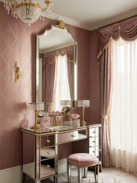 Create an art deco-inspired pink paradise by incorporating velvet curtains, a mirrored vanity, and geometric-patterned wallpaper. Add a touch of glamour with a crystal chandelier and accessorize with gold accents for a luxurious feel. Beautiful Bed Designs, Art Deco Bed, Mirrored Vanity, Patterned Wallpaper, Pink Art Deco, Pink Paradise, Couple Bedroom, House Interiors, Velvet Curtains