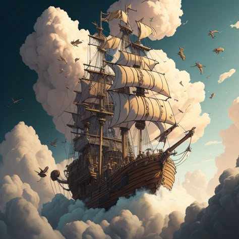 Sky Pirate Ship, Flying Boat Fantasy Art, Pirate Ships Concept Art, Sky Ship Fantasy Art, Airship Fantasy Art, Dnd Pirate Ship, Flying Ship Fantasy Art, Pirate Ship Concept Art, Steampunk Pirate Ship