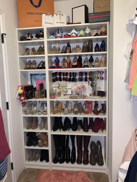 So proud of my project. I used 2 Ikea Billy bookshelves to create shoe storage in my master closet.   The jewelry organizers are from Marshall’s. I used a tension rod to hang the sunglasses. Billy Bookcase Purse Storage, Shoe Bookcase, Closet Organization For Shoes, Ikea Shoe Closet, Ikea Billy Shoe Storage, Billy Bookcase Shoe Storage, Shoe Organizer Ikea, Shoe Shelf In Closet, Comfortable Patio Furniture