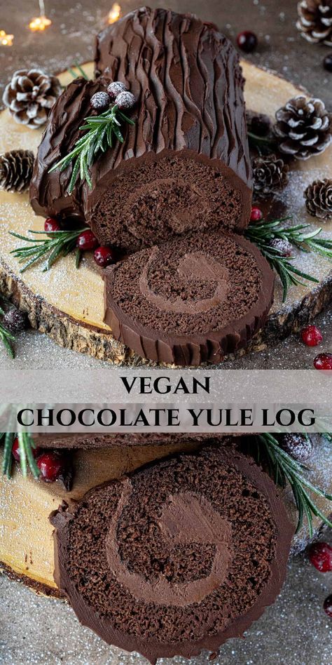 Vegan chocolate yule log - this delicious vegan chocolate swiss roll cake is a real show stopper for Christmas! With a delicate chocolate sponge cake, chocolate buttercream filling and rich chocolate ganache icing this cake is a chocaholics dream! Vegan Yule Log, Vegan Xmas, Chocolate Log, Chocolate Yule Log, Vegan Christmas Dinner, Chocolate Roll Cake, Yule Log Cake, Vegan Holiday Recipes, Vegan Baking Recipes