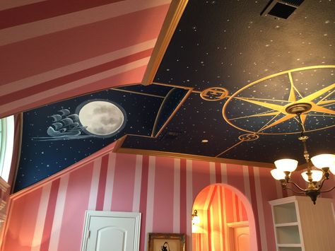 Neverland Playroom, Peter Pan Room, Adult Disney Bedroom, Playroom Aesthetic, Disney Airbnb, Kawaii Nursery, Peter Pan Bedroom, Mural Ceiling, Playroom Mural