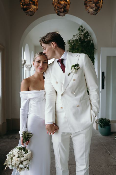 Joanna   Hamish by Hayley Rafton Groom Suit White, White Tuxedo Wedding, Groom Blue Suit, White Wedding Suit, Best Wedding Suits, Together Journal, Groom Wedding Attire, Wedding Outfit Men, All White Wedding