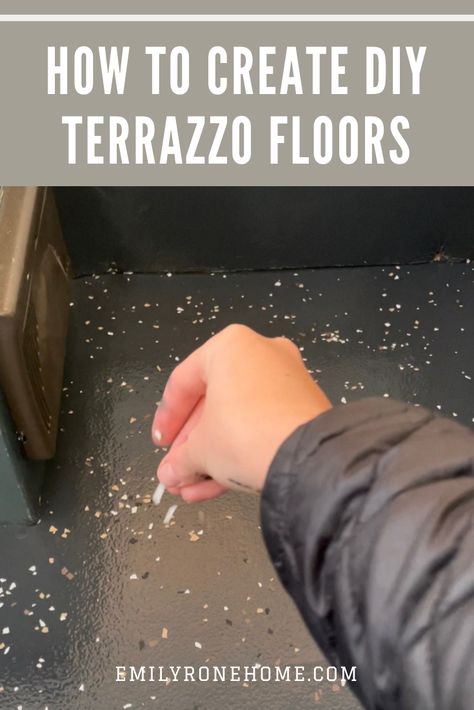 Faux Terrazo Floor, Terrazo Painted Floor, Diy Cement Floor Makeover, Terrazzo Floor Diy, Diy Terrazo Tiles, Terrazzo Paint Diy, Painting Laminate Floors Diy, Terrazzo Diy Concrete, Epoxy Terrazzo Floor