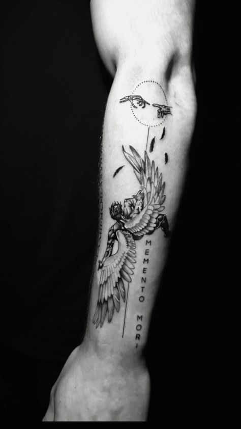 Icarus Concept Tattoo, Elegant Forearm Tattoo, Escape Tattoo Ideas, Icarus Tattoo Ideas, Icarus Tattoo Forearm, Icarus Arm Tattoo, Greek Forearm Tattoo Men, Fall Of Icarus Tattoo Design, Phaeton Tattoo