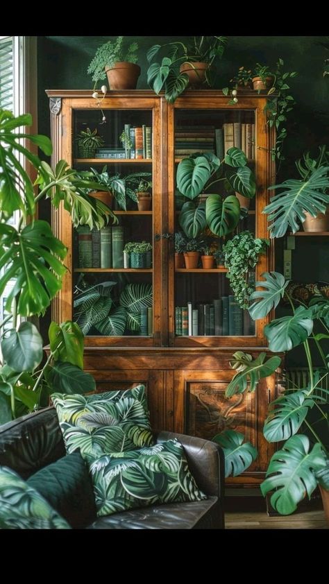 Boho Office With Plants, Victorian Jungle Room, British Colonial Office, Boho Room Design, Basement Salon, Jungle Office, Jungle Apartment, Book Room Ideas, Botanical Interior Design