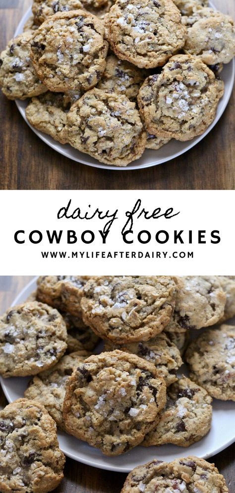 Dairy Free Cookie Recipe, Dairy Free Chocolate Chip Cookies, Non Dairy Desserts, Dairy Free Baking, Dairy Free Cookies, Cowboy Cookies, Dairy Free Chocolate Chips, Easy Sugar Cookies, Dairy Free Dessert