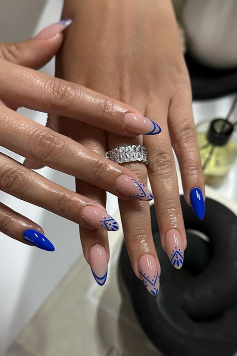 Cute Nail Designs For Almond Shape, Dubai Inspired Nails, Royal Blue Gel Nails Almond, Two Tone Almond Nails, Greek Style Acrylic Nails, Italian Acrylic Nails, Mediterranean Inspired Nails, Greek Nails Blue, Nails For Greece Trip