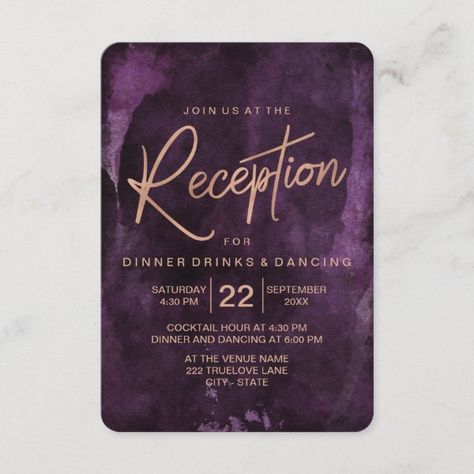 Dark Purple & Rose Gold Wedding Reception Invitation Rose Gold Wedding Reception, Dark Purple Wedding, Dark Purple Roses, Gold Wedding Reception, Purple And Gold Wedding, Wedding Reception Cards, Wedding Return Address Labels, Reception Invitation, Purple Wedding Theme