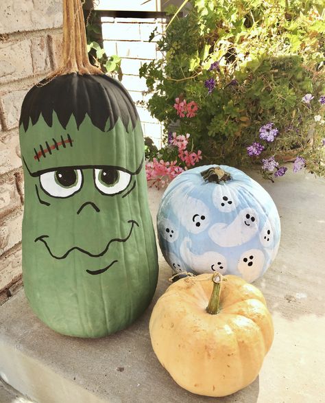 Hand painted pumpkins, ghost pumpkin, Frankenstein pumpkin, Halloween decorations, fall decorations, painted pumpkins, acrylic paint Pumpkin Painting Frankenstein, Pumpkin Porch, Pumpkin Painting Party, Frankenstein Pumpkin, Halloween Pumpkin Crafts, Creative Pumpkin Painting, Pumpkin Decorating Contest, Hand Painted Pumpkin, Pumpkin Contest