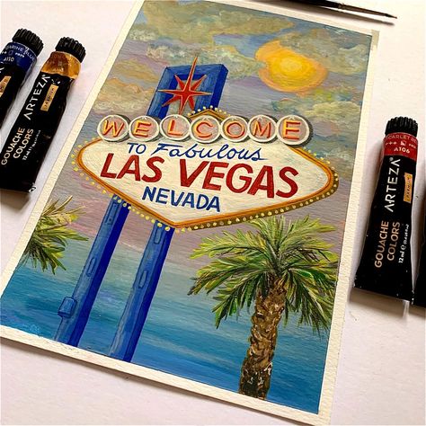 Vegas Painting Ideas, Las Vegas Drawing, Vegas Painting, Las Vegas Painting, Gouache Color, Skyline Painting, Oxford England, Sketching Ideas, Gouache Illustrations