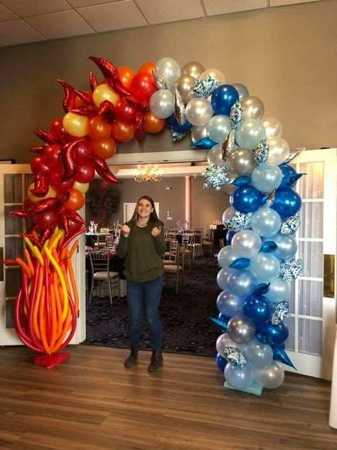 Elemental Party Decorations, Elemental Theme Party, Fire And Ice Birthday Party Theme, Dragon Balloon Garland, Dragon Balloon Arch, Elemental Birthday Party Ideas, Elemental Birthday Party, Elemental Party Theme, Fire And Ice Balloon Arch