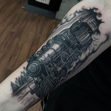 Train Traditional Tattoo, Crazy Train Tattoo, Minimal Train Tattoo, Freight Train Tattoo, Locomotive Tattoo, Steam Train Tattoo, Train Tattoo, Cool Tattoos For Guys, Life Tattoos