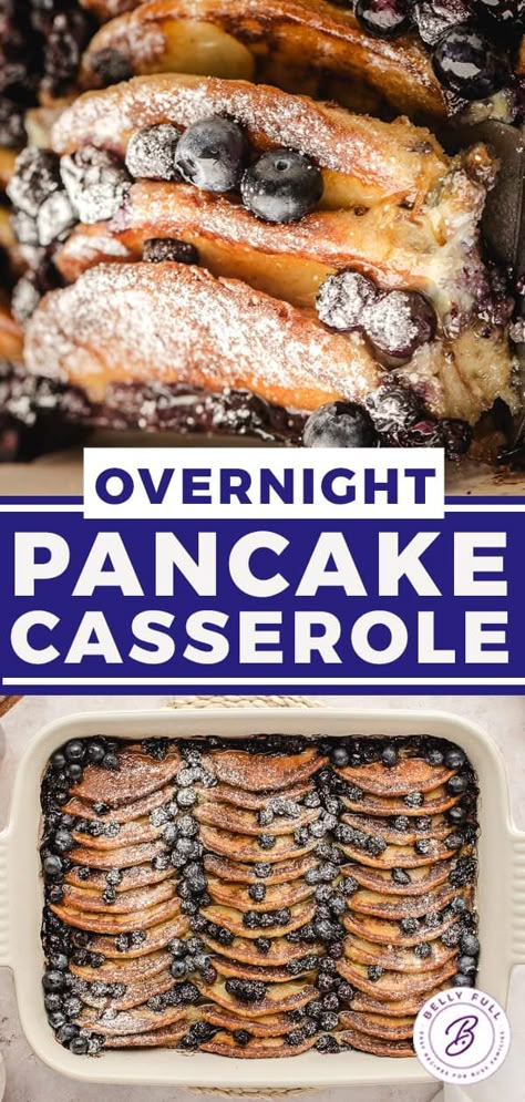 This amazing Pancake Casserole is everyone’s favorite pancakes turned into a substantial overnight breakfast casserole! Preparing it the night before makes breakfast or brunch the next morning so quick and easy! Overnight Casseroles Breakfast, Blueberry Pancake Pudding, Sweet Breakfast Casserole Crockpot, Overnight Blueberry Breakfast Casserole, Pancake Lasagna Breakfast, Breakfast Casserole Sweet Easy, Frozen Pancakes In Crockpot, Breakfast Casserole Fruit, Crockpot Pancake Casserole