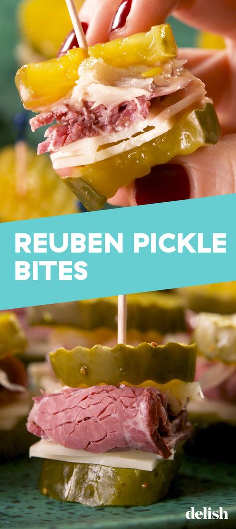 Pickle Reuben Bites, Ruben Pickle Bites, Bariatric Finger Foods, Reuben Pickle Bites 12 Tomatoes, Pickle Finger Foods, Tailgating Appetizers Cold, Reuben Pickle Bites, Pickle Hors D'oeuvres, Pickle Recipes Appetizer