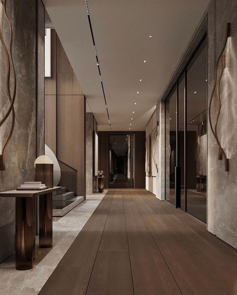 Dark Modern Entryway, Luxury Corridor Design, Modern House Entrance Interior, Large Hallway Ideas, Luxury Corridor, Vstupná Hala, Corridor Design, Hotel Interior Design, Design Room