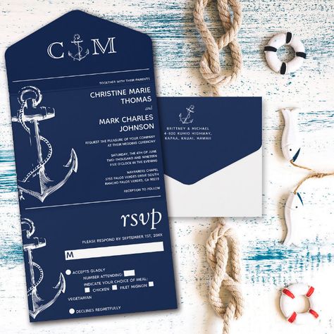 Nautical Anchor Navy Blue Wedding All In One Invitation - tap/click to get yours right now! #AllInOneInvitation #wedding #invitation, #rsvp #tear #away, Anchor Wedding Invitations, Wedding Seaside, Wedding Song Request, Anchor Wedding, Song Request, Beach Bridal Showers, Ocean Wedding, Wedding Song, Rsvp Postcard