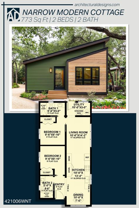 Discover how to make the most of small-footprint living with this modern cottage. Packed within 800 sq ft is a narrow 2-bedroom layout complete with a cozy breakfast nook. Find out how to maximize the space, and get a sense of how you can transform this plan to suit your individual lifestyle. Lexington Michigan, Cabins Plans, Cottage Home Plans, Garage Adu, Small House Blueprints, Vacation House Plans, Small Home Design, Small Cottage House, Sims 4 House Ideas