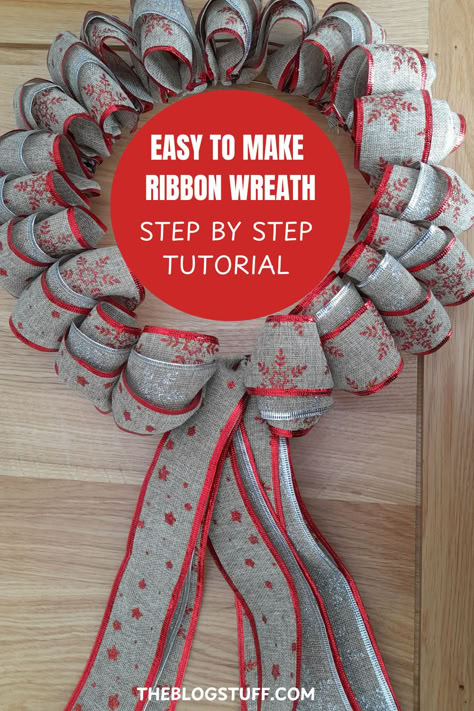 DIY ribbon wreath with red and beige ribbon, featuring a simple step-by-step tutorial for crafting a festive holiday decoration. Tulle Ribbon Wreath, Dollar Tree Ribbon Wreath Diy, Ribbon And Yarn Wreath Diy, Diy Ribbon Wreath Tutorial How To Make, Make Wreaths Diy, Diy Christmas Wreath With Ribbon, Simple Christmas Wreath Ideas Easy Diy, Christmas Ribbon Wreath Diy, Wire Ribbon Wreath Diy