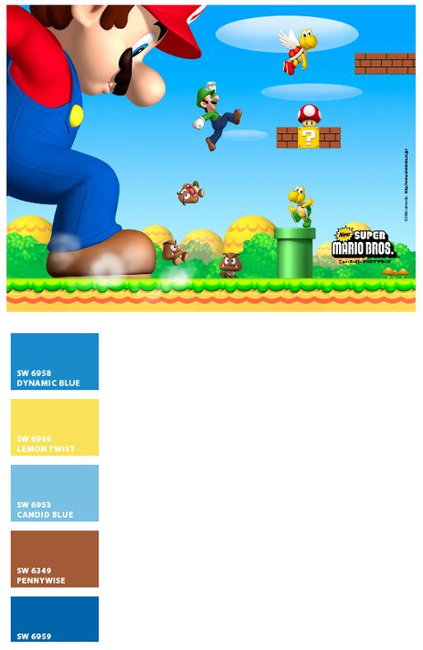 Mario Bros Color Palette, Super Mario Color Palette, Mario Room, Sherwin Williams Paint, Grumpy Bear, Colorful Kids Room, Mario Games, Sherwin Williams Paint Colors, 8 Bits