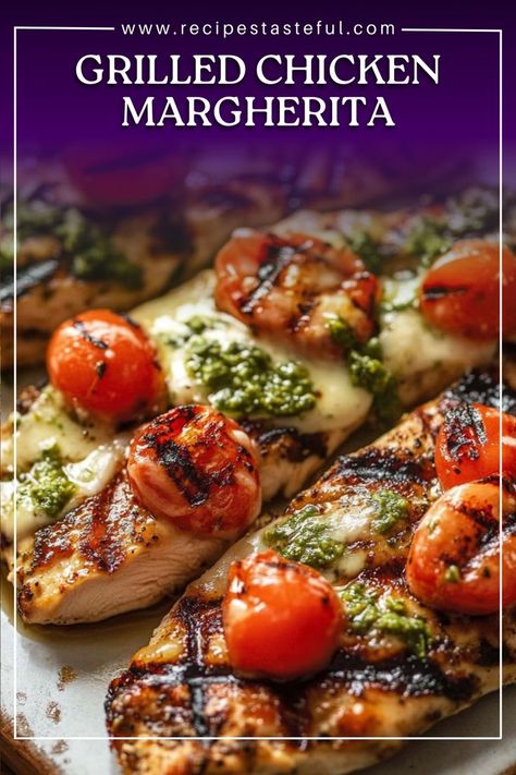 This Grilled Chicken Margherita recipe features juicy chicken breasts topped with melted mozzarella, pesto, and a fresh tomato basil garnish. Perfect for a healthy and delicious meal! Chicken Margherita Recipes, Olive Garden Chicken Margherita Recipe, Grilled Chicken With Pesto, Margherita Chicken, Grilled Chicken Margherita, Margherita Recipe, Chicken Margherita, Pesto Cheese, Flavorful Meals