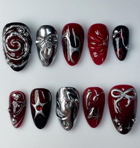 Concert Nails, Fake Nails Designs, Red Acrylic Nails, Korean Nails, Punk Nails, Goth Nails, Dark Nails, Paws And Claws, Dream Nails