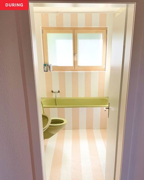 During: Bathroom with peach-colored stripes and green tub, sink, and toilet 1980s Bathroom, Tan Tile, Her Bathroom, Light Peach Color, Ikea Ivar, Old Bathroom, Honey Oak, Bathroom Design Decor, Paint Stripes