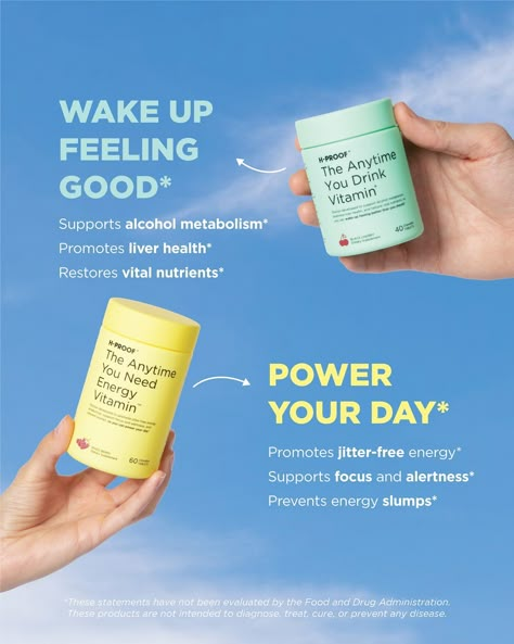 Made for important life moments 🤝 Vitamins with benefits you’ll feel⁠ ⁠ So, what exactly do our vitamins do? ⁠ ⁠ 🍷 Support your alcohol metabolism, liver health, and replenish vital nutrients with The Anytime You Drink Vitamin®⁠ ⁠ ☀️ And power your day with jitter-free energy, enhanced focus, and beat those energy slumps with The Anytime You Need Energy Vitamin™⁠ ⁠ Chewable and effective Vitamins you need. Pick up yours at h-proof.com 🔗 ⁠ #hproof #vitamins Medicine Ads Creative, Supplement Content Ideas, Health Supplements Creative Ads, Health Creative Ads, Vitamin Ads, Supplement Photography, Microbiome Recipes, Giveaway Design, Focus Vitamins