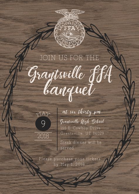 FFA Banquet Invitation   Design by Macady Haws Banquet Invitations, Ffa Banquet Ideas Decorations, Ffa Officer Retreat Ideas, Ffa Themes For The Year, Ffa Chapter Meeting Ideas, Ffa Chapter Meeting Activities, Ffa Banquet, Ffa Banquet Ideas, Ffa Banquet Decorations