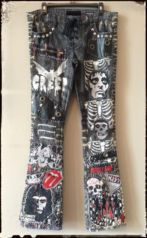 Rocker jeans by Chad Cherry from Chad Cherry Clothing. Womens Punk Outfits, Punk Painted Jeans, Patch Pants Outfit, Women Biker Clothes, Cherry Clothing, Crust Pants, Punk Clothes, Punk Fashion Diy, Punk Jeans