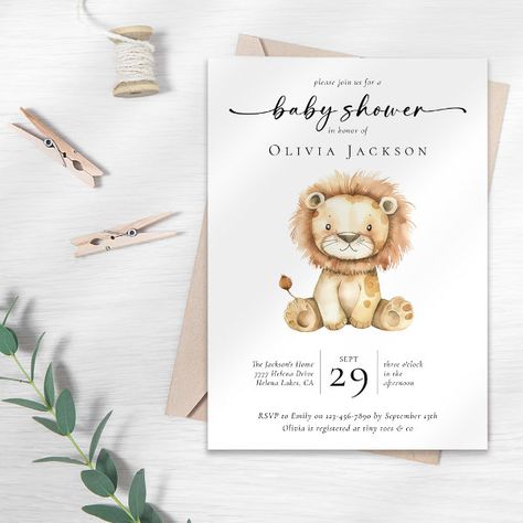 Simple Watercolor Safari Lion Baby Shower  Invitation Invitacion Baby Shower Originales, Lion Baby Shower Theme, Lion Baby Shower, Baby Shower Themes Neutral, Baby Lamb Baby Shower, Lion Safari, Lion Baby, Safari Baby Shower Invitations, Gender Neutral Baby Shower Invitations