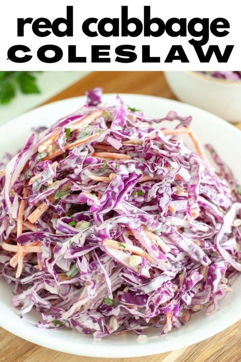 Red Cabbage And Carrot Slaw, Red Coleslaw Recipe, Cabbage Slaw Dressing, Recipes With Red Cabbage, Creamy Cabbage Slaw, Red Cabbage Slaw Recipes, Purple Cabbage Recipes, Veg Salads, Red Cabbage Coleslaw